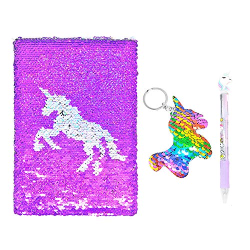 QearFun Unicorn Notebook A5 y juego de bolígrafos para niños, Flippy Sequin Diario Diario Artículos de papelería para estudiantes Artículos de regalo con un llavero de lentejuelas Unicorn