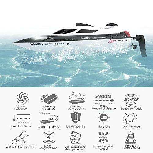 RC Velocidad Barco Juguete Regalo HJ806 2.4Ghz 200m Control Remoto de Larga Distancia Racing Boats para Piscina y Lagos, con Motor 540, Indicador de Distancia, Funcion de Giro Automotico(Negro)