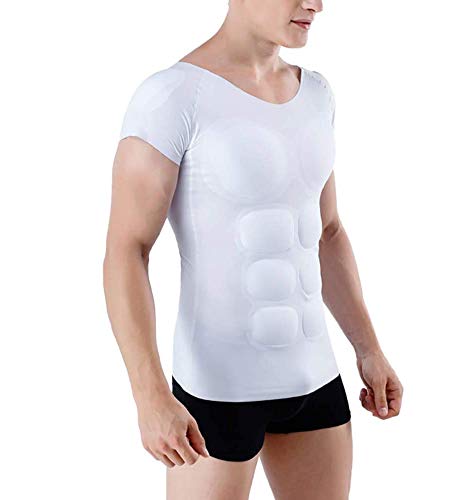 Realista Camisa del músculo Adulto Niños Novedad Músculo Abdominal Acolchado Disfraz Respirable Fajas Reductora,White,XL