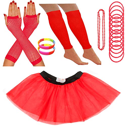 Redstar Fancy Dress - Pack de Fiesta - Tutú, Calentadores, Guantes, Collar, brazaletes de Goma y Pulseras - Neón - Rojo - 63 - 73 cm