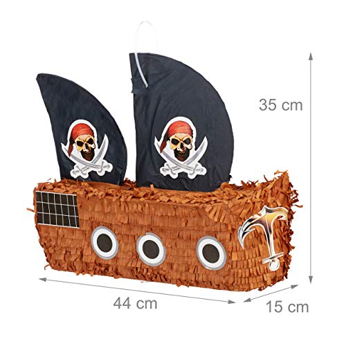 Relaxdays Piñata Barco Pirata sin Relleno, Papel, Negro-Marrón, 35 x 44 x 15 cm, Color (10022570)