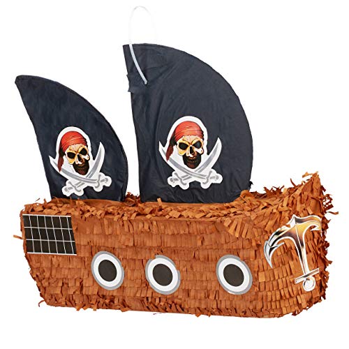 Relaxdays Piñata Barco Pirata sin Relleno, Papel, Negro-Marrón, 35 x 44 x 15 cm, Color (10022570)