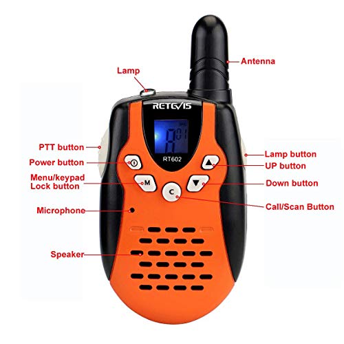 Retevis RT602 Walkie Talkie Niños Recargable PMR446 8 Canales VOX Linterna Pantalla LCD Regalo para Niños Walkie Talkie Juguete con Cargador y Batería (Negro y Naranja, 2 Pares)