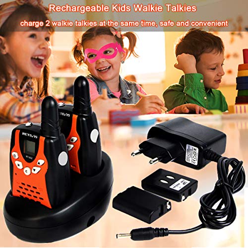 Retevis RT602 Walkie Talkie Niños Recargable PMR446 8 Canales VOX Linterna Pantalla LCD Regalo para Niños Walkie Talkie Juguete con Cargador y Batería (Negro y Naranja, 2 Pares)