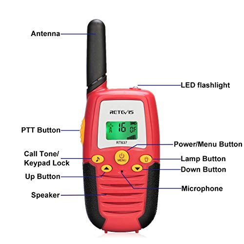 Retevis RT637 Walkie Talkie Niños,Juguetes para Niñas y Niños de 3 a 12 Años,Linterna VOX 16 Canales, Fácil de Usar, Regalo Walki Talki para Senderismo, Juegos de Jardín o Interiores (Rojo, 1 Par)