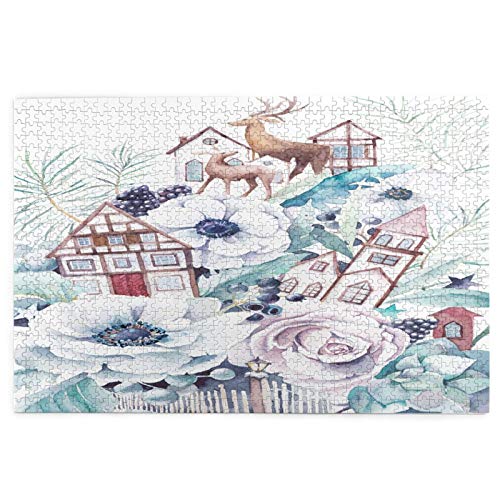 Rompecabezas de 1000 Piezas,Rompecabezas de imágenes,Ilustración de cuento de hadas de invierno acuarela pintada,Juguetes puzzle for Adultos niños Interesante Juego Juguete Decoración Para El Hogar