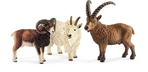 Schleich Wild Life - Figuras Animales de la Montaña, Incluye Cabra de las Rocosas, Íbice Albino y Muflón