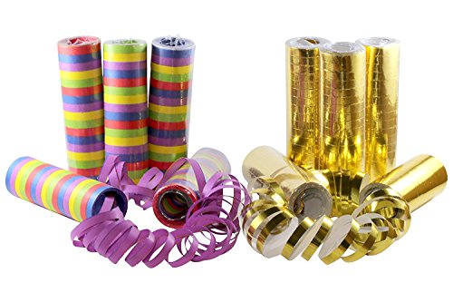 Serpentinas KIDDYPARTY, paquete de 10 unidades de papel calidad PREMIUM, 5 unidades DORADO/blanco metalico y 5 de diversos colores a ambos lados. Para decoración, cumplaños, fiestas, bodas, navidadad