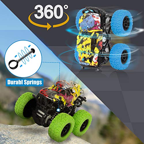 Shayson Inertia Tire hacia Atrás del Coche Truck Monster Camión Todoterreno Coche De Carreras De Juguete con Rotación De 360 Grados Escala 1:36 Real Racing Niños De 3 a 8 Años （Azul + Verde）