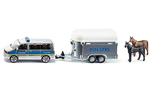 siku 2310 Coche de policía con remolque para caballos, Incl. 2 caballos de juguete, Remolque desmontable, 1:55, Metal/Plástico, Plateado/Azul