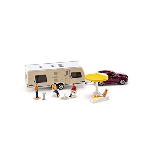 siku 2542 Coche con caravana y accesorios, Incl. figuras y accesorios de camping, 1:55, Metal/Plástico, Multicolor