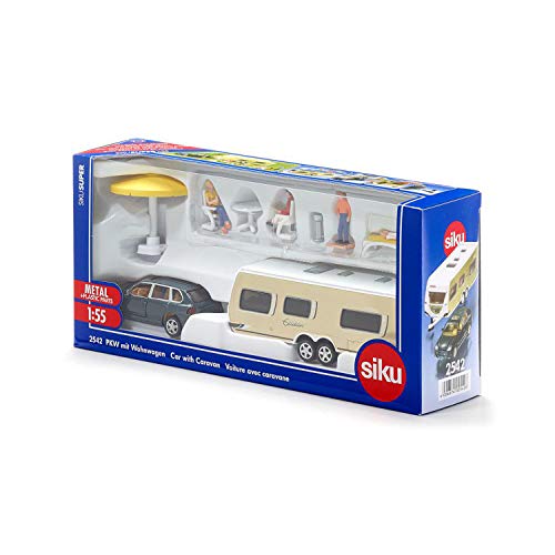 siku 2542 Coche con caravana y accesorios, Incl. figuras y accesorios de camping, 1:55, Metal/Plástico, Multicolor