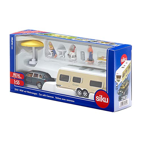 siku 2542 Coche con caravana y accesorios, Incl. figuras y accesorios de camping, 1:55, Metal/Plástico, Multicolor