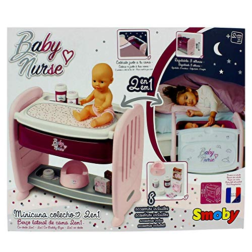 Smoby-Cuna Colecho 2-en-1 Baby Nurse para muñecos bebé 220355, Color Morado