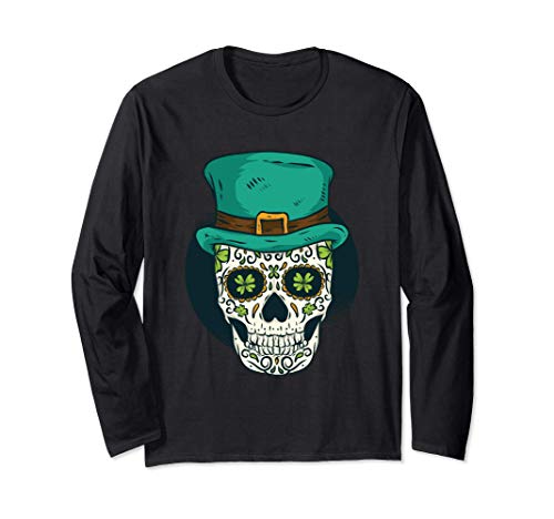 St. Patricks Day Skull With Irish Hat and Shamrock Manga Larga