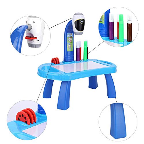 Tablero de dibujo Juego de pintura para proyector, Juego de dibujo para proyector de mesa para niños con 4 discos de imágenes diferentes 8 bolígrafos de color Juguetes de educación temprana (Blue)