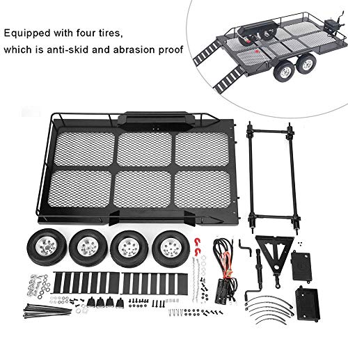 Tbest 1/10 Car Trailer,Metal Remolque RC Doble Eje a Escala 1:10 Remolque Accesorio con Cuatro neumáticos Compatible con TRX4 1/10 Crawler RC 1:10 Accesorios