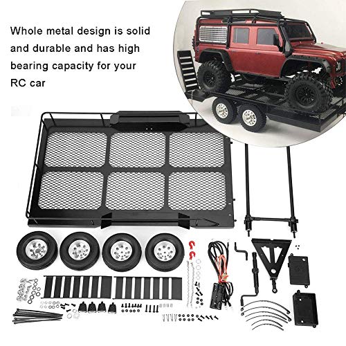 Tbest 1/10 Car Trailer,Metal Remolque RC Doble Eje a Escala 1:10 Remolque Accesorio con Cuatro neumáticos Compatible con TRX4 1/10 Crawler RC 1:10 Accesorios