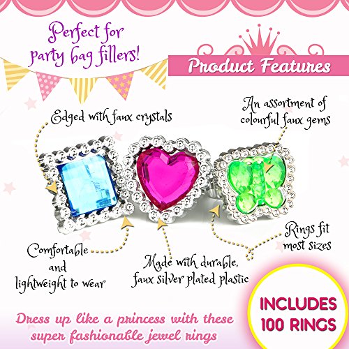 THE TWIDDLERS 100 Anillos de Princesa Joyas para Niños - Juguetes de Fiesta de Cumpleaños, Rellenos de Piñata, Bolsas de Fiesta, Regalos, Premios para Niñas.