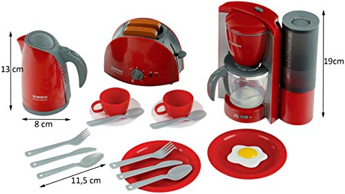 Theo Klein 9564 Set de desayuno Bosch, Set de cocina formado por tostadora, cafetera, hervidor de agua y mucho más, Medidas del embalaje: 44.5 cm x 13 cm x 34 cm, Juguete para niños a partir de 3 años