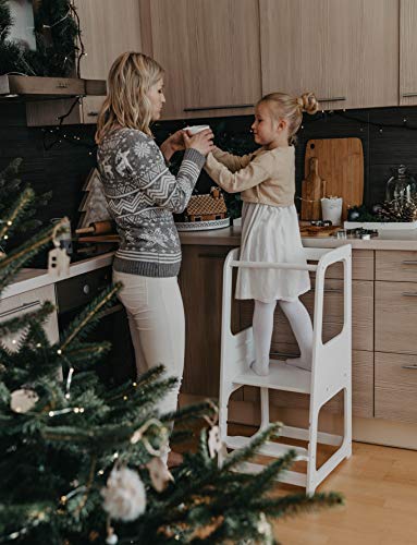 Torre de Aprendizaje Montessori - Plataforma de Madera para Trepar en la Cocina para Bebés y Niños - Torres Ajustables para Encimeras y Mesa - Taburete Seguro y Duradero - Learning Tower - Blanco