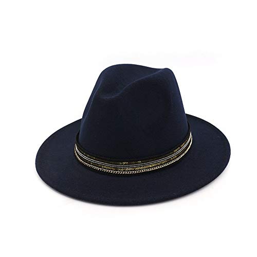 TX GIRL Fieltro de Lana Sombrero de Fedora Mujeres de los Hombres con la Cinta de Rayas Sombrero de ala Ancha Sombrero de Fascinator Jazz (Color : Drak Blue, Size : 56-58)