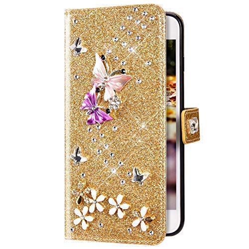 Uposao Compatible con Samsung Galaxy S20 Plus Funda Cuero Ccarcasa Glitter Bling Strass Diamante Mariposa Flores Purpurina Brillante Funda Flip Wallet Piel Cartera Billetera Integral Funda,Dorado