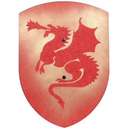 VAH Escudo DE Madera Disfraz Caballero Medieval Modelo DRAGÓN Rojo Forma Curva 37 cm Largo