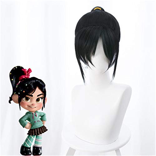 Vanellope Von Schweetz Peluca de cosplay Cola de caballo negra Pelo sintético Destroza Ralph2 Disfraz de fiesta de Halloween Juego de roles Pelucas + gorro de peluca