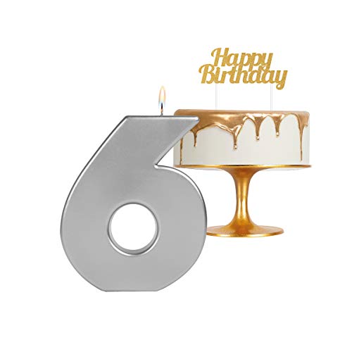 Velas extra grande 20 cm para cumpleaños número 6 color plata metalizado - ideal para fiestas de cumpleaños, aniversarios, baby shower, fiestas, celebraciones, bodas de oro o plata - 1 unidad