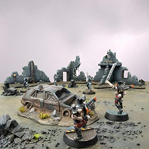 War World Gaming War-Torn City - Set de 3 Edificios Destruidos y Coche Dañado - Escala 28mm, Heroica, Sci-Fi, Wargaming, Modelismo, Dioramas, Zombis, Post-Apocalíptico