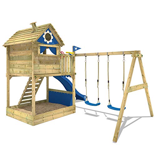 WICKEY Parque infantil de madera Smart Seaside con columpio y tobogán azul, Casa de juegos de jardín con arenero y escalera para niños