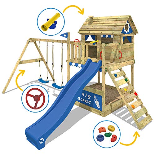 WICKEY Parque infantil de madera Smart Seaside con columpio y tobogán azul, Casa de juegos de jardín con arenero y escalera para niños