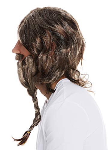 WIG ME UP- 70774-FR612-6 Peluca Barba Bigote Carnaval Halloween Hombres Vikingo Germano Galo bárbaro castaño Trenza