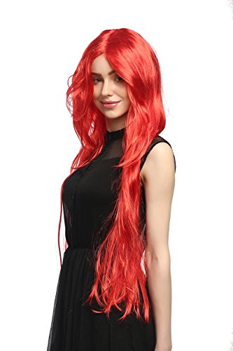 WIG ME UP- 91126-ZA13 Peluca Carnaval señoras, Rojo Fuego Liso graduada Raya Muy Largo 85cm