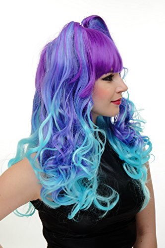 WIG ME UP- peluca de 3 partes + trenzas de quita y pon peluca de mujer cosplay pelo largo rizado ombré turquesa violeta azulado azul neón flequillo YZF-7096+A-T2410/TF2513THL