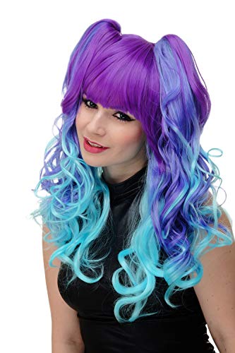 WIG ME UP- peluca de 3 partes + trenzas de quita y pon peluca de mujer cosplay pelo largo rizado ombré turquesa violeta azulado azul neón flequillo YZF-7096+A-T2410/TF2513THL