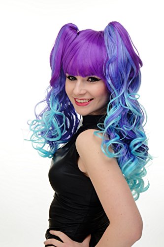 WIG ME UP- peluca de 3 partes + trenzas de quita y pon peluca de mujer cosplay pelo largo rizado ombré turquesa violeta azulado azul neón flequillo YZF-7096+A-T2410/TF2513THL