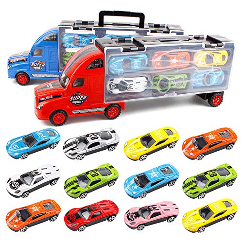 YIMORE Camión de Transporte Transportador de Automóviles con 12 Coches Maletín portacoches Juguete para Niños y Niñas (Rojo)