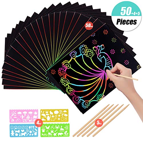 YuChiSX 50 hojas Rainbow Scratch Art Paper,Magic Painting Papers de Pintura Mágica Scratch Boards con 5 Piezas Palillos Stylus 4 Reglas de Pintura