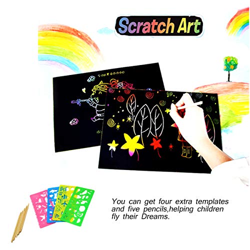 YuChiSX 50 hojas Rainbow Scratch Art Paper,Magic Painting Papers de Pintura Mágica Scratch Boards con 5 Piezas Palillos Stylus 4 Reglas de Pintura