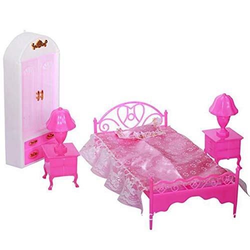 YUIP 6 Unids Muebles de Dormitorio Casa de Muñecas, Muebles de Casa de Muñecas, Incluye 1 Armario, 1 Cama, 1 Almohadas, 1 Sábanas, 2 Lámpara, Accesorios para el Salón de la Casa de Muñecas