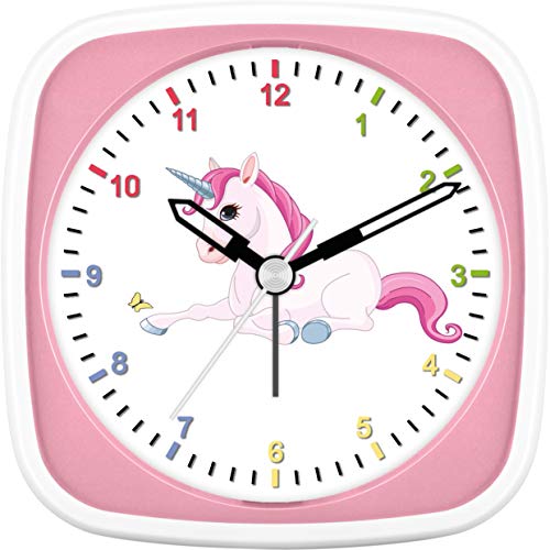 Eurotime Reloj despertador infantil con diseño de unicornio, color rosa, carcasa de plástico y cristal de plástico, silencioso, sin tic-tac, con luz y repetición de alarma 27015-22