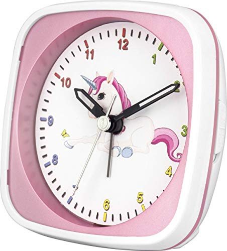 Eurotime Reloj despertador infantil con diseño de unicornio, color rosa, carcasa de plástico y cristal de plástico, silencioso, sin tic-tac, con luz y repetición de alarma 27015-22