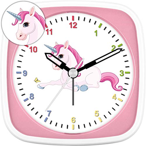 Eurotime Reloj despertador infantil con diseño de unicornio, color rosa, carcasa de plástico y cristal de plástico, silencioso, sin tic-tac, con luz y repetición de alarma 27015-22