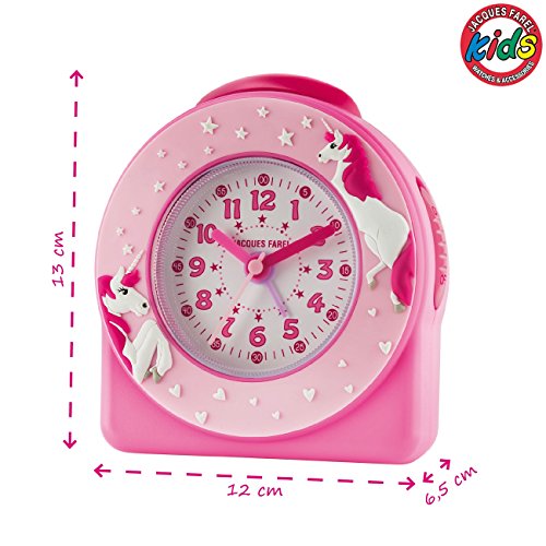 Jacques Farel ACW50 Réveil analogique à quartz pour enfant/fille Motif de licornes et étoiles en 3D Rose vif/rose clair Réveil sans tic-tac et avec fonction snooze