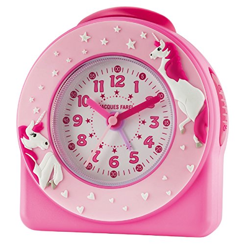 Jacques Farel ACW50 Réveil analogique à quartz pour enfant/fille Motif de licornes et étoiles en 3D Rose vif/rose clair Réveil sans tic-tac et avec fonction snooze