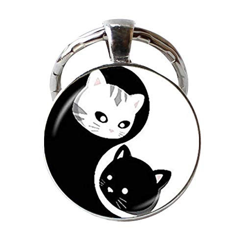 Llavero de gato Yin Yang, llavero de gatito, negro y blanco, 8 diagramas con patrón mágico, joyería Tai Chi, hecho a mano, estilo vintage, joyería de fotos de cristal