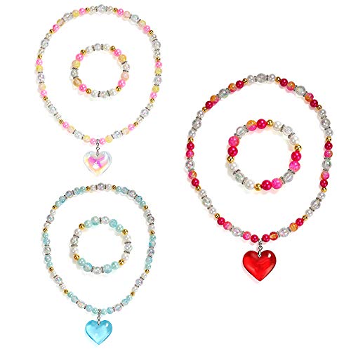 Powerking Collar y Brazalete para niños, Juego de 3 Joyas con Cuentas para niñas y niños Collar y Brazalete con un Colgante en Forma de corazón para Vestir Pretender Jugar Favor de Fiesta