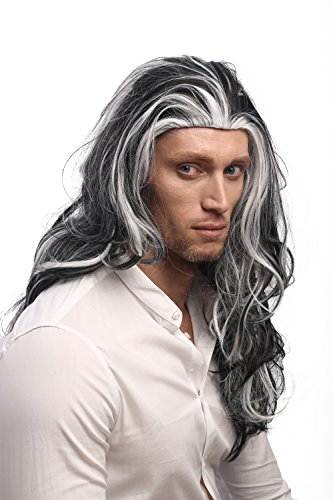 WIG ME UP- 29938B-ZA103-ZA60 Peluca Hombres Mujeres Carnaval Halloween Gris, Larga, Melena Blanca y Negro,veteado Vampire Lord Drácula 55 cm